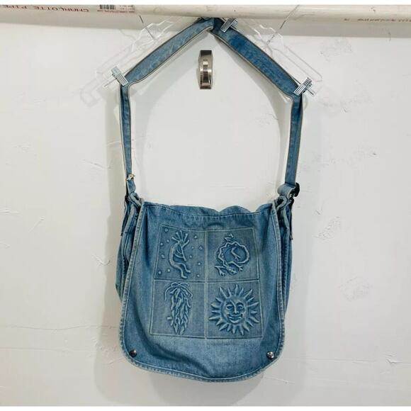 Vintage Blue Jean Embossed Denim Messenger Shoulder Bag Kokopelli Lizard Native - Picture 3 of 15